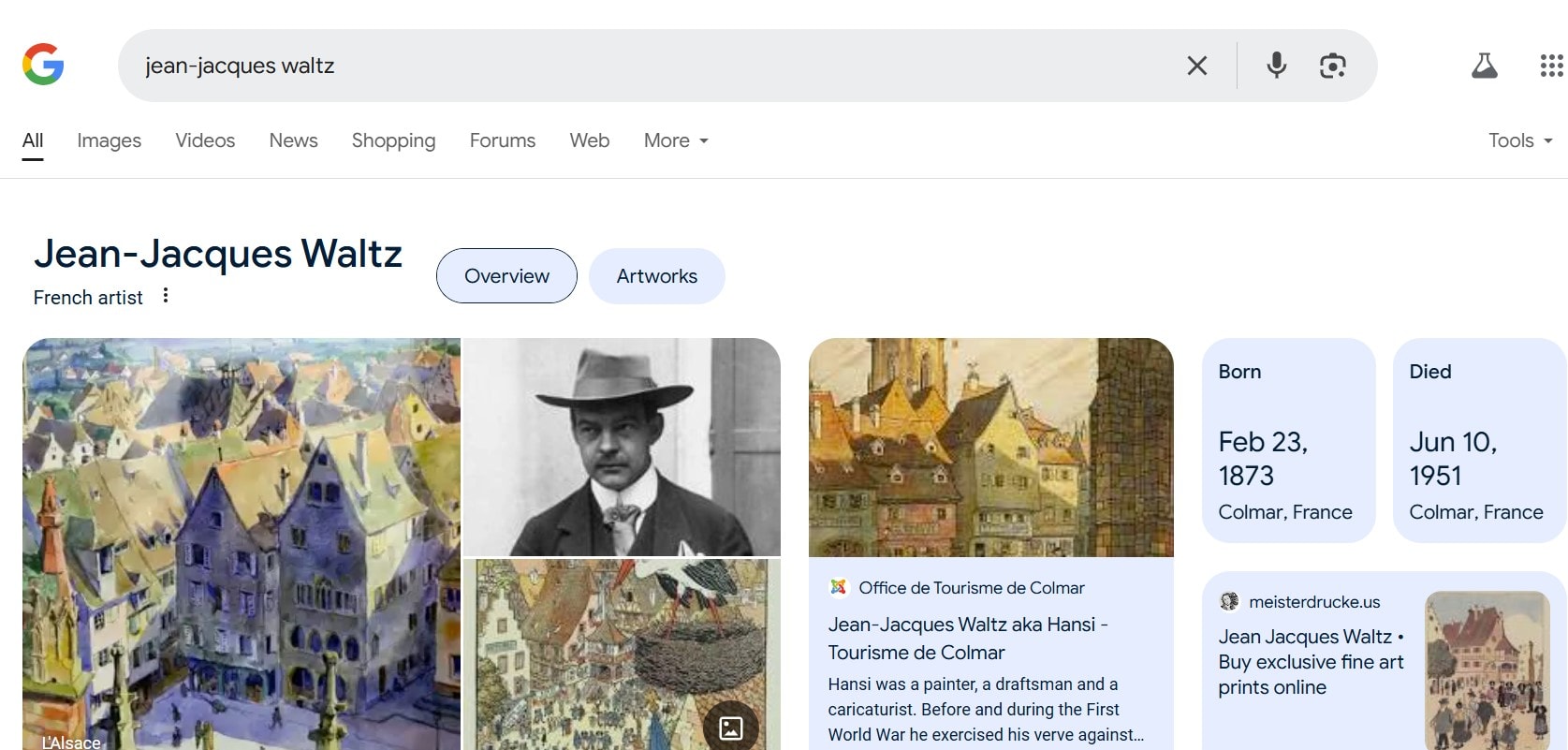 Google search results for Jean-Jacques Waltz, the Alsatian artist known as Hansi